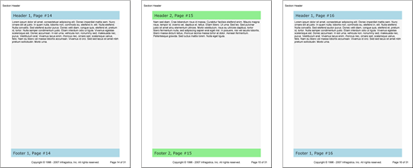 Demonstrates the Segment element, and how it loops back on it self if more pages are generated than headers and footers are available.